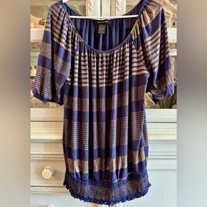 Ashley Stewart Navy and Gold Striped Peasant Blouse